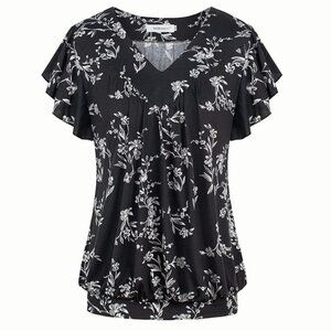 Womens V Neck Short Ruffled Cap Sleeves Banded Hem